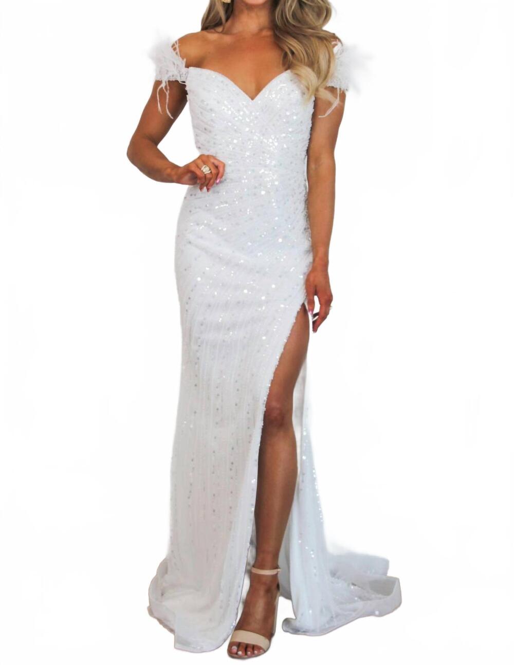 NEW CINDERELLA DIVINE edith beaded off shoulder feather formal dress in white